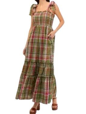 crown & ivy Plaid Smocked Tiered Maxi Dress With Pockets and Scalloped Details